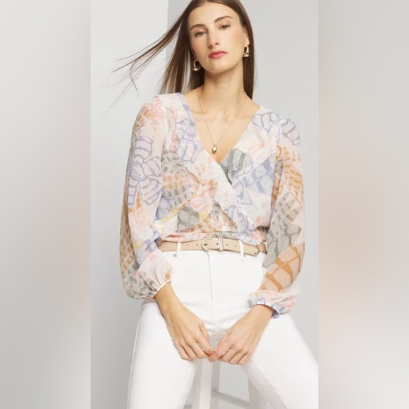 NWT WHBM Long Sleeve V-Neck Ruffle Front Blouse - Picture 2 of 6